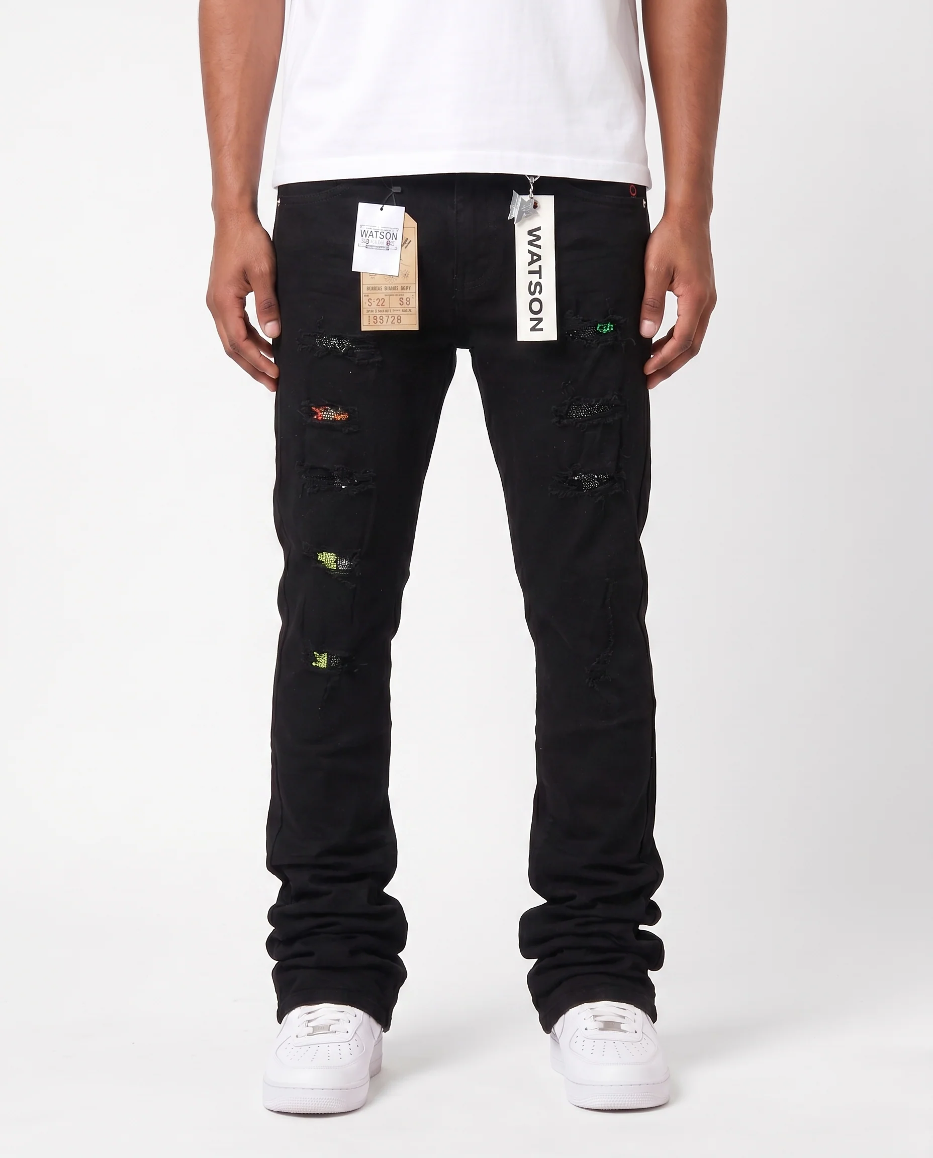 BLACK EMBELLISHED MULTI RIPPED WATSON DENIM