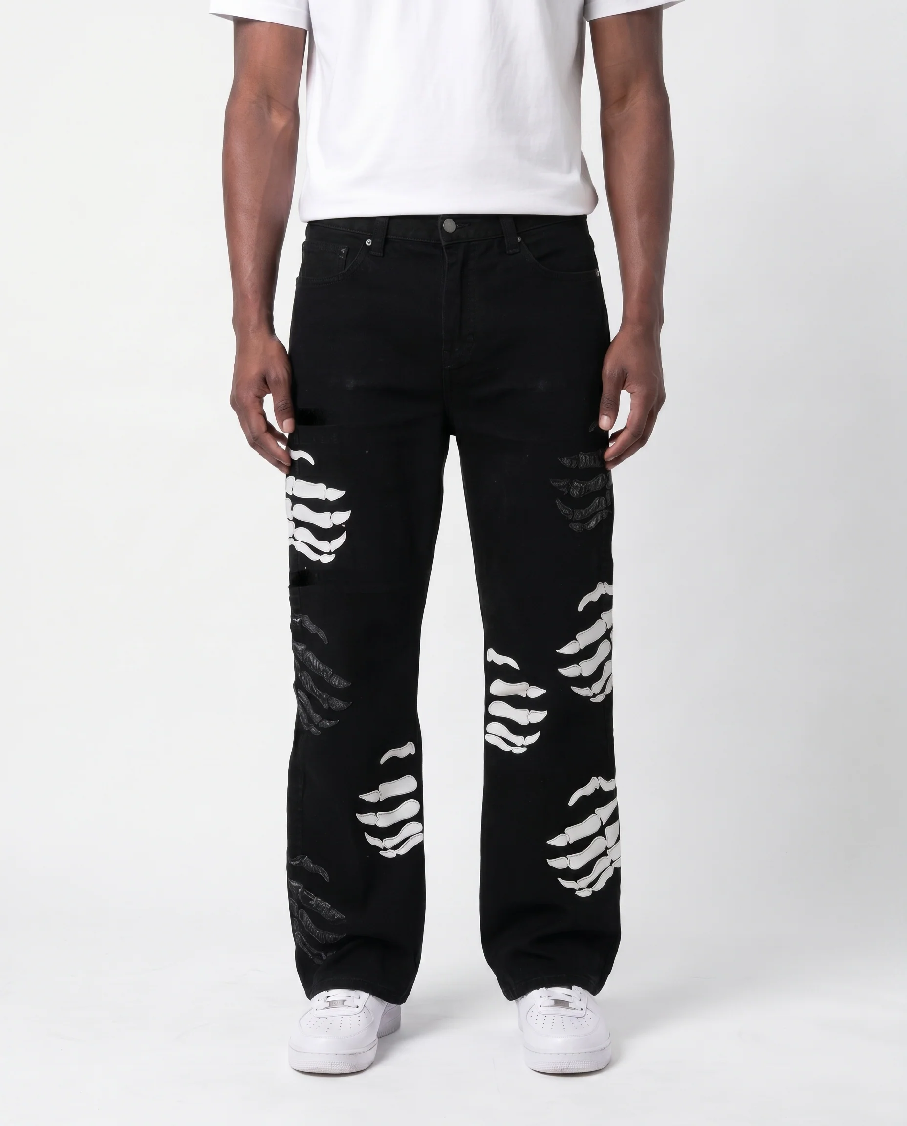 SKELETON STACKED DENIM PANTS (BLACK)