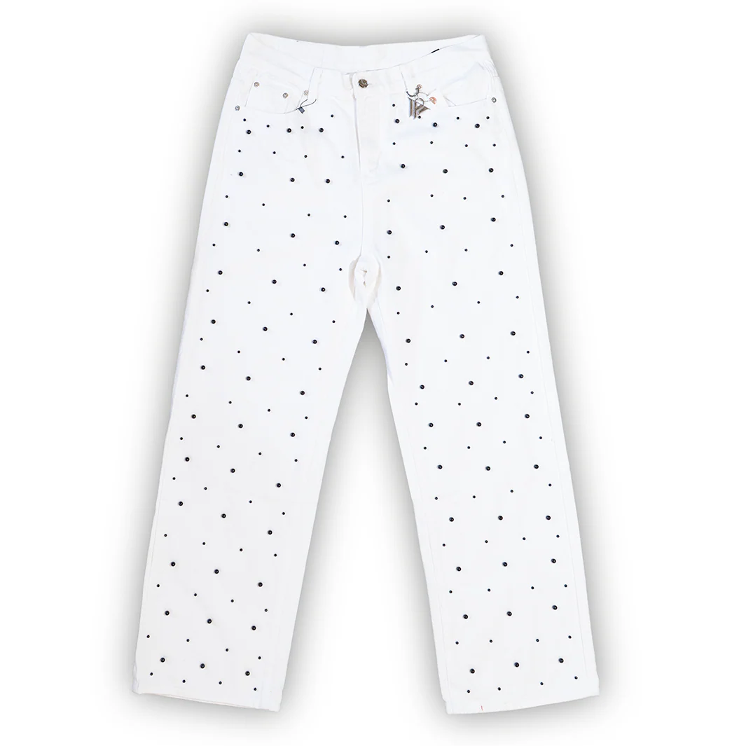 WATSON DENIM PANTS WITH BLACK PEARLS (WHITE) - Image 2