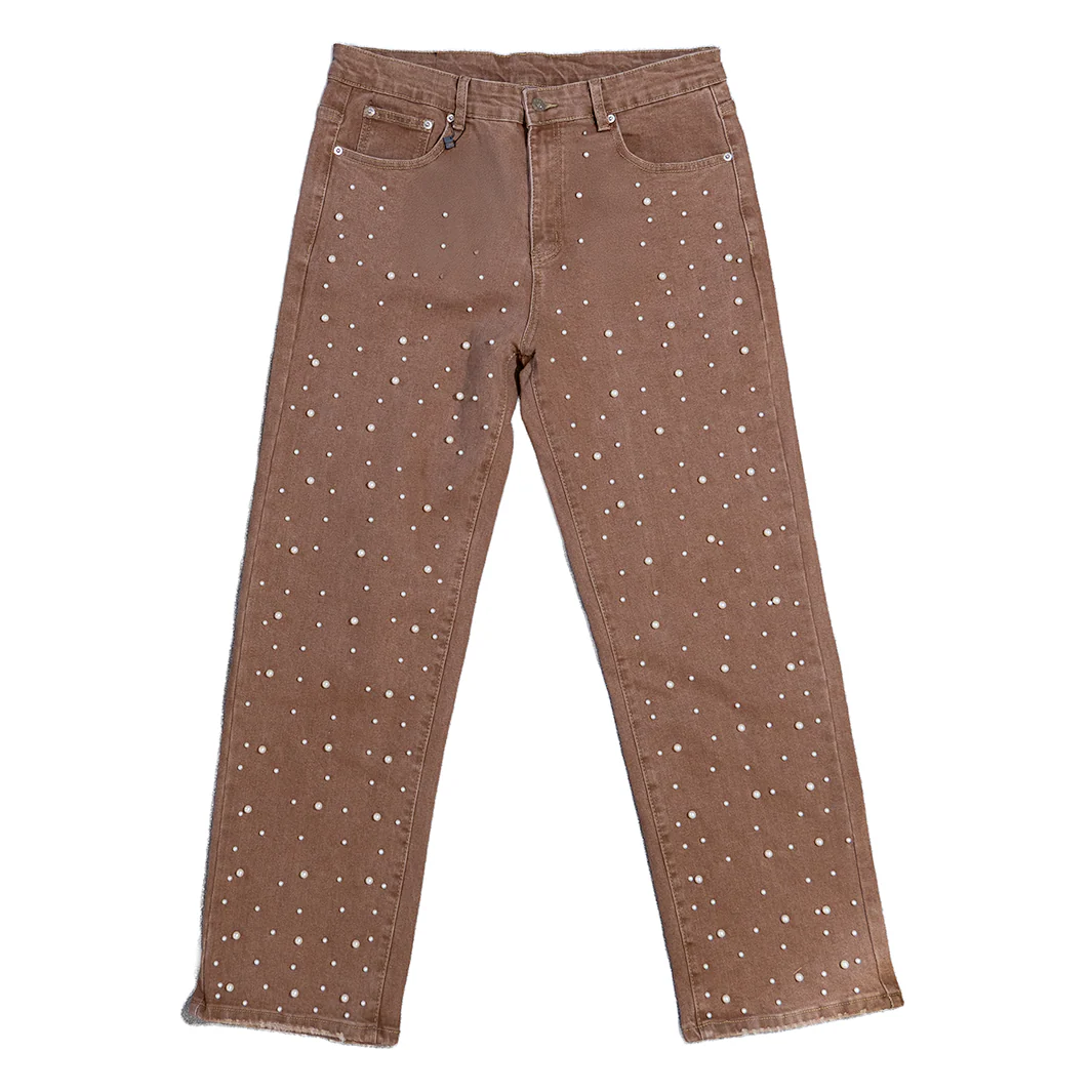 WATSON DENIM PANTS WITH WHITE PEARLS (BROWN) - Image 2