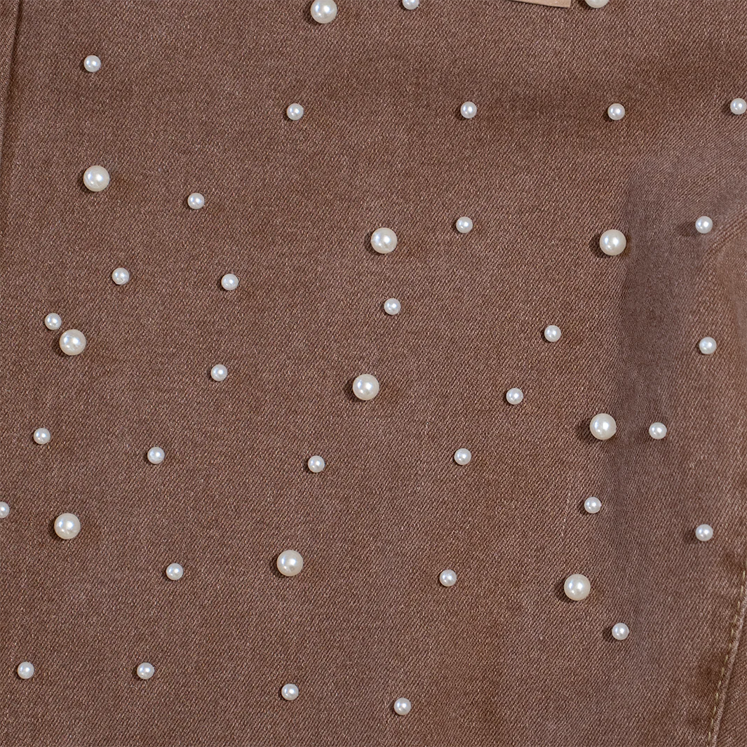 WATSON DENIM PANTS WITH WHITE PEARLS (BROWN) - Image 4