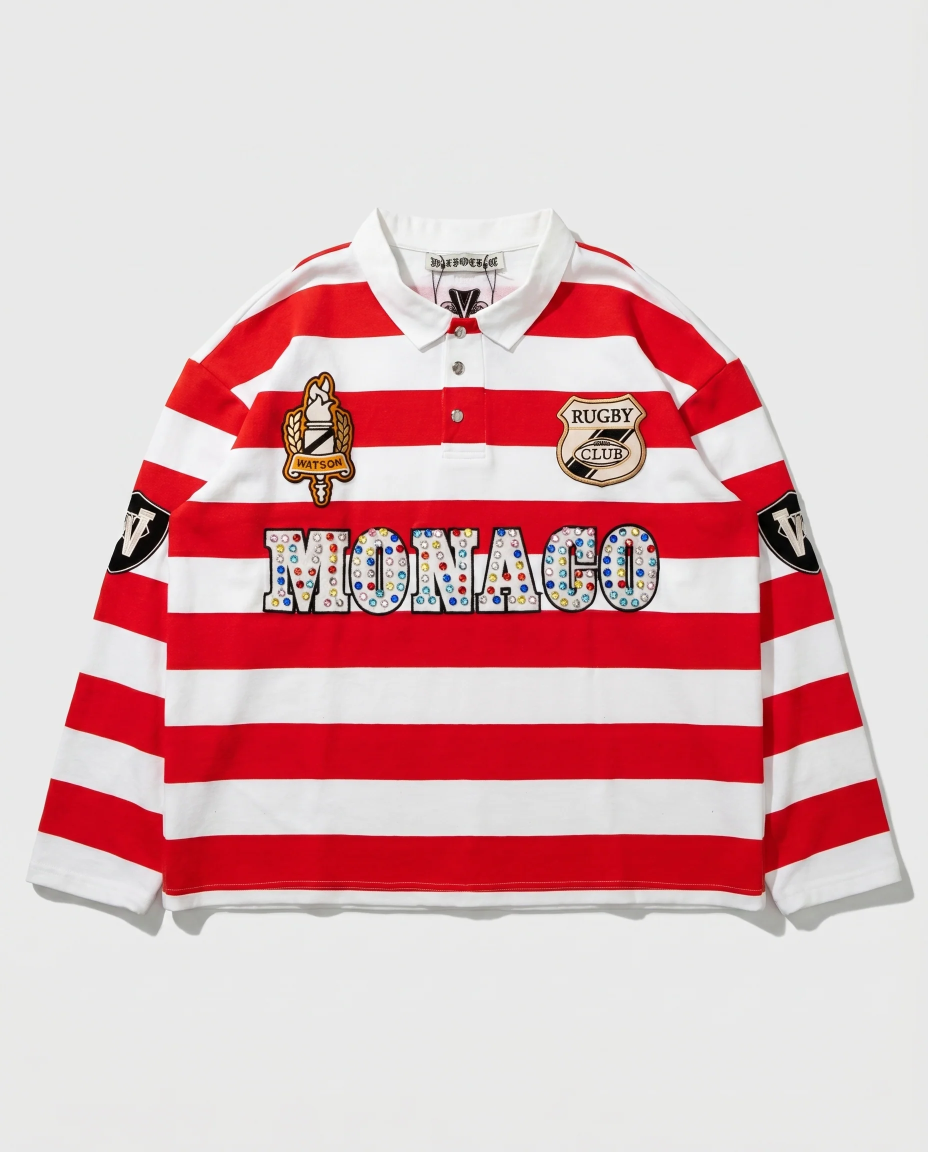 MONACO RHINESTONE STRIPED LONG SLEEVE RUGBY POLO (RED)