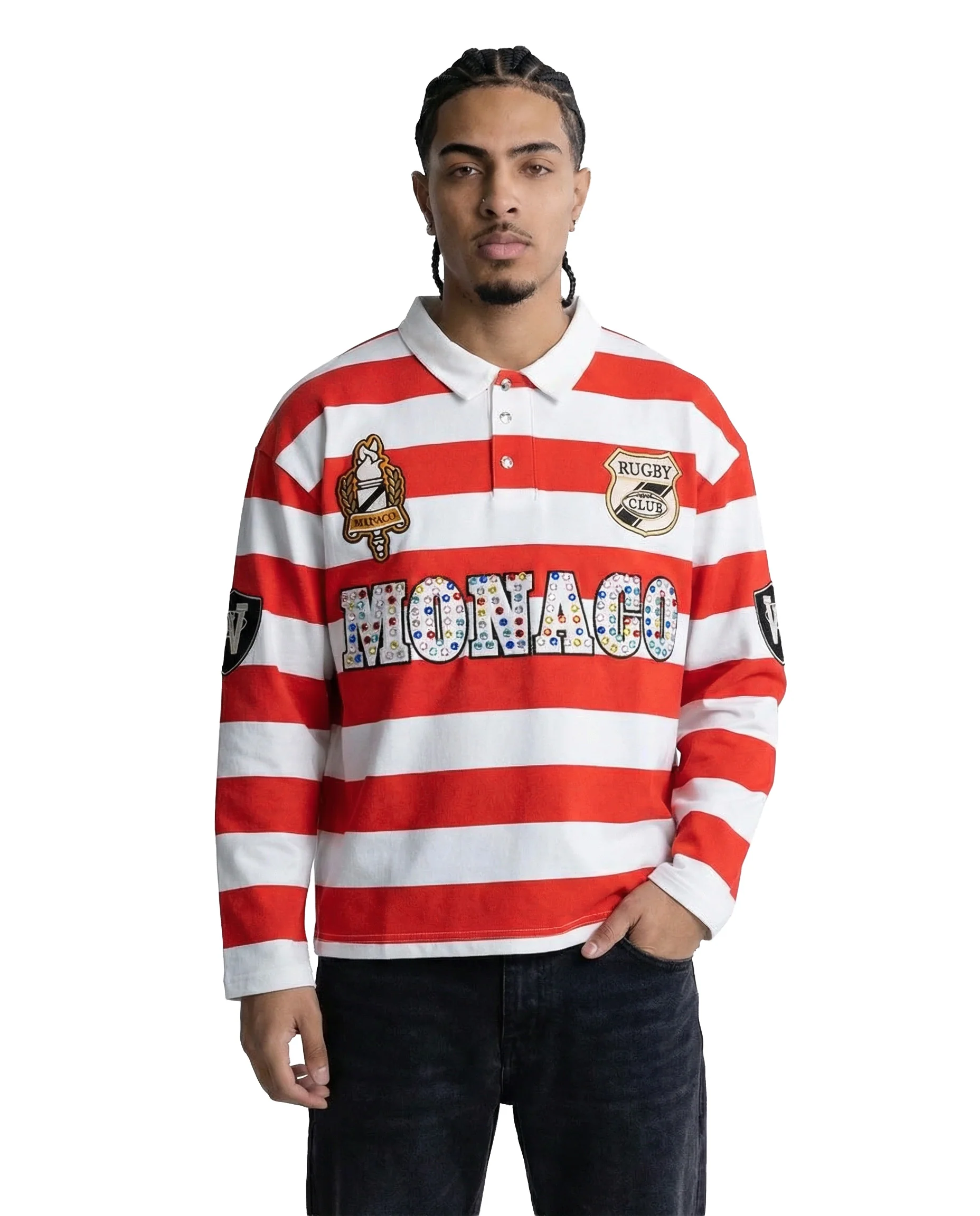MONACO RHINESTONE STRIPED LONG SLEEVE RUGBY POLO (RED) - Image 2