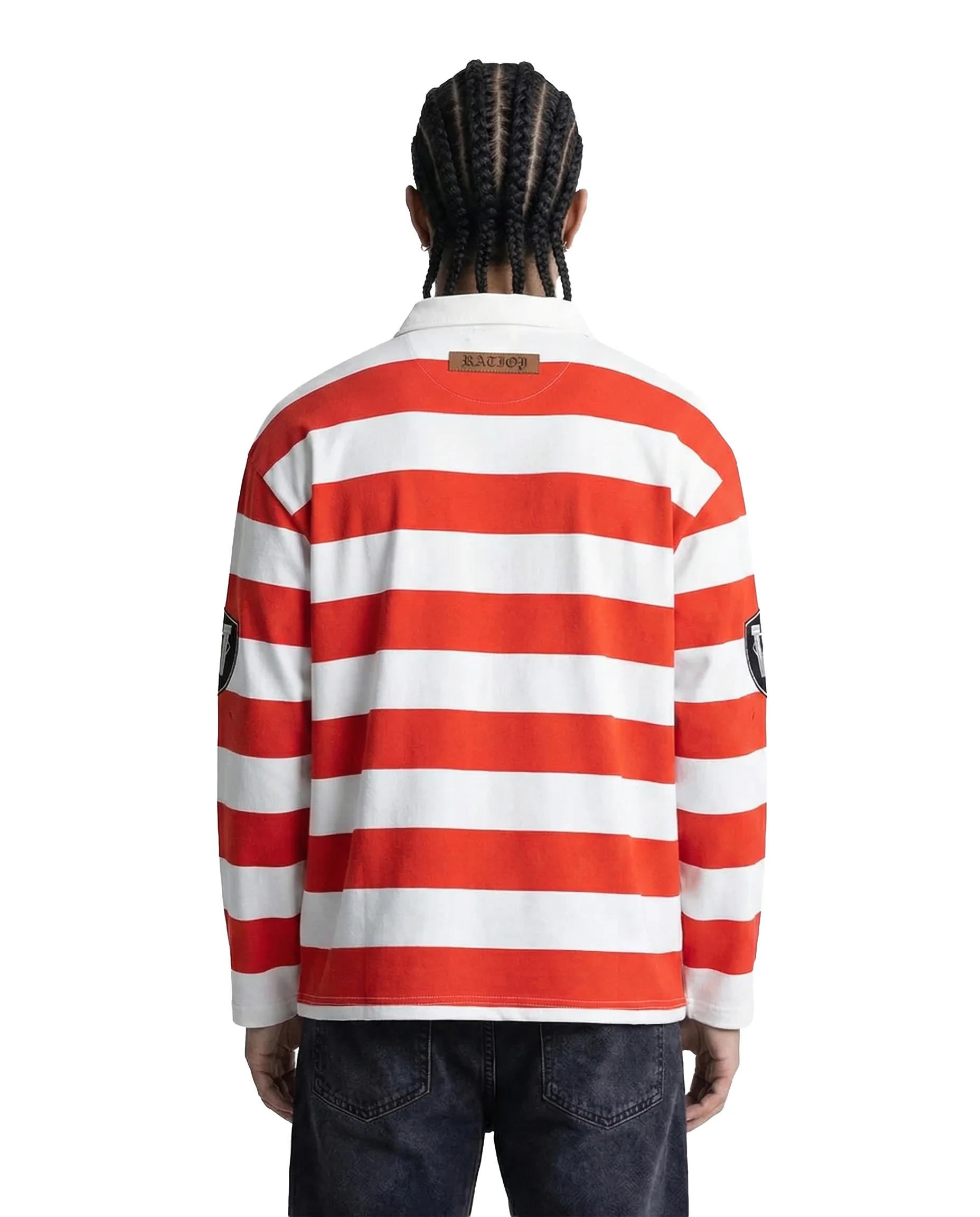 MONACO RHINESTONE STRIPED LONG SLEEVE RUGBY POLO (RED) - Image 3