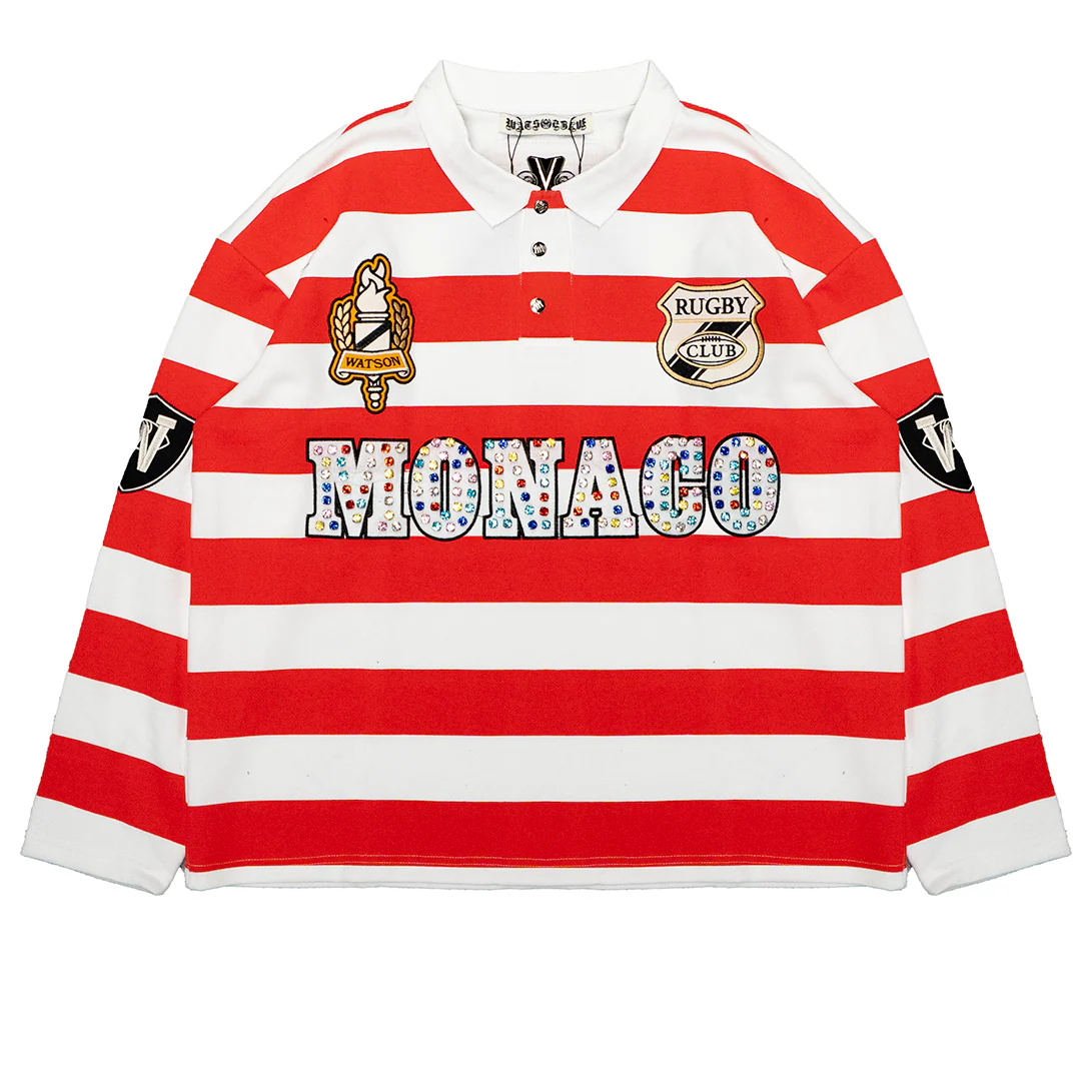 MONACO RHINESTONE STRIPED LONG SLEEVE RUGBY POLO (RED) - Image 4