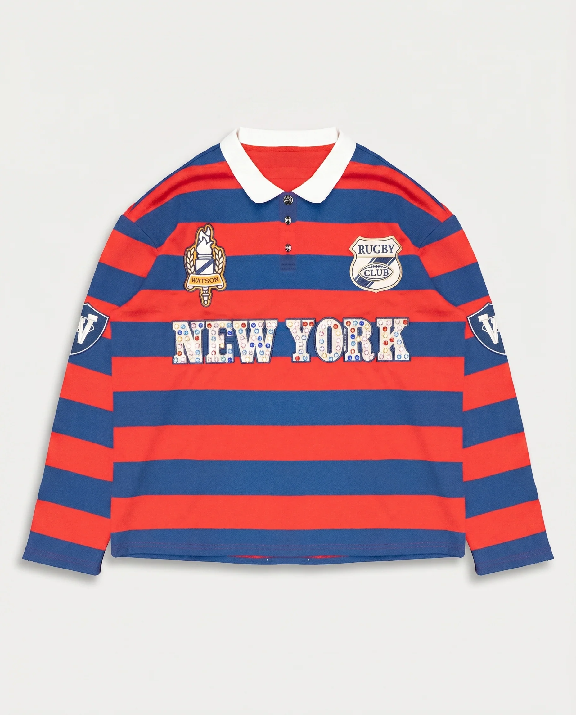 NEW YORK RHINESTONE STRIPED LONG SLEEVE RUGBY POLO (RED & BLUE)