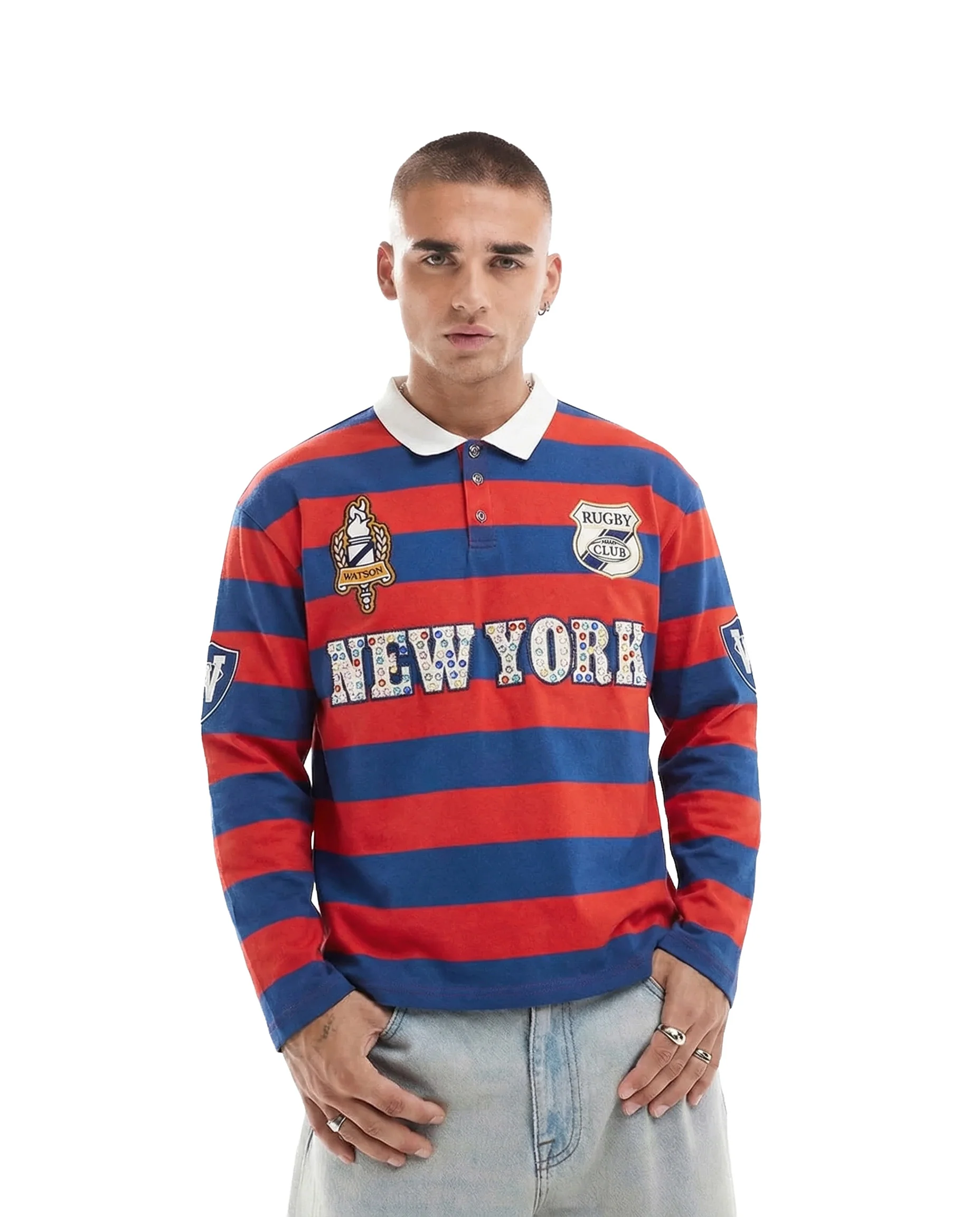 NEW YORK RHINESTONE STRIPED LONG SLEEVE RUGBY POLO (RED & BLUE) - Image 2
