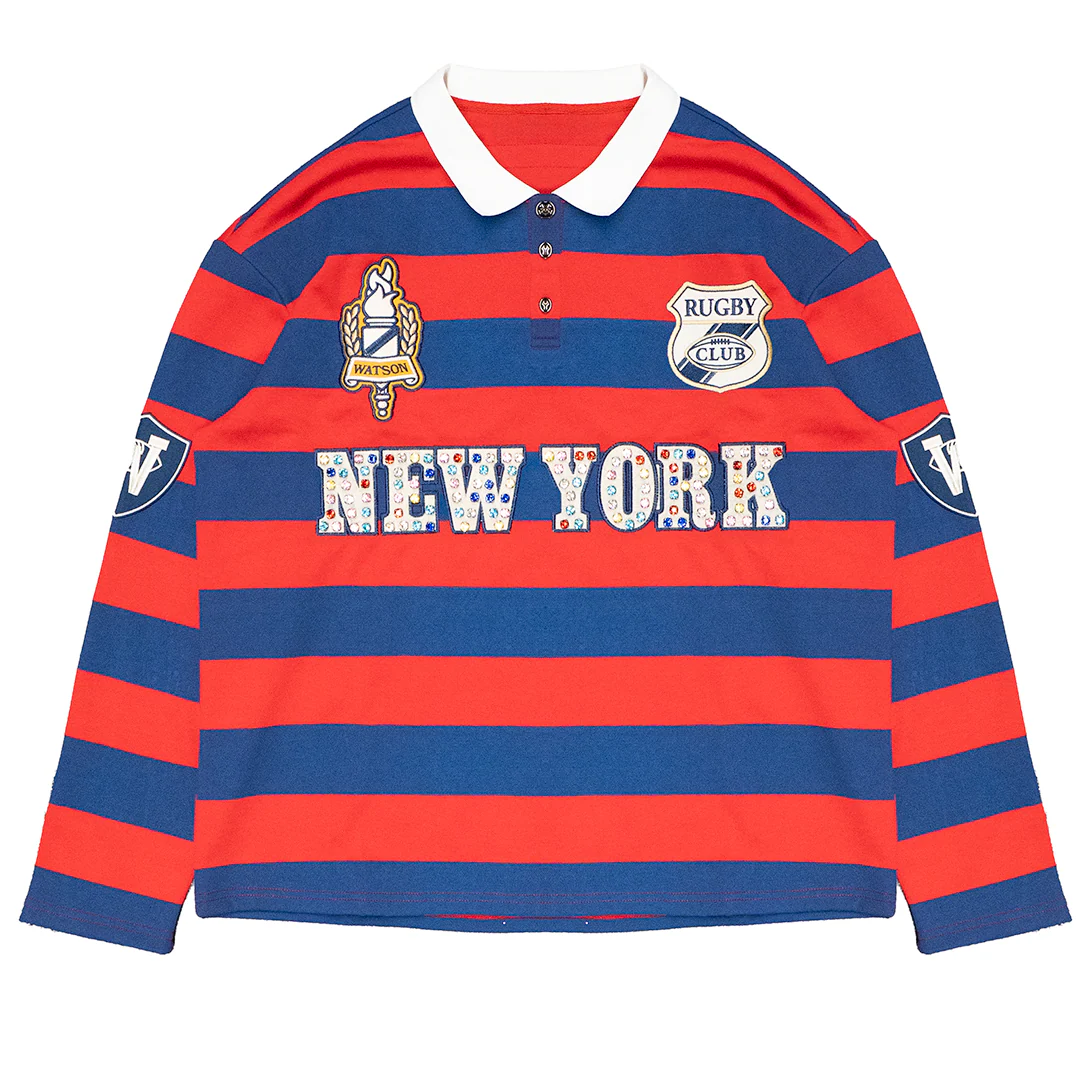 NEW YORK RHINESTONE STRIPED LONG SLEEVE RUGBY POLO (RED & BLUE) - Image 4