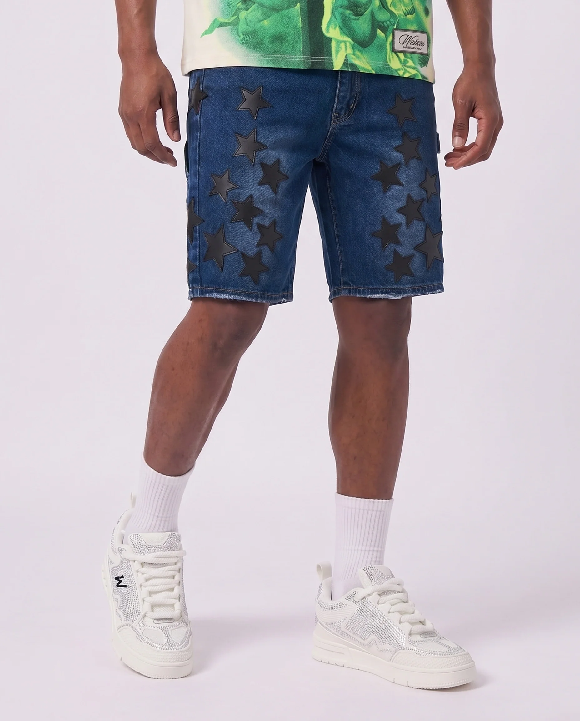 WATSON LEATHER APPLIQUE PATCH SHORTS (BLUE)