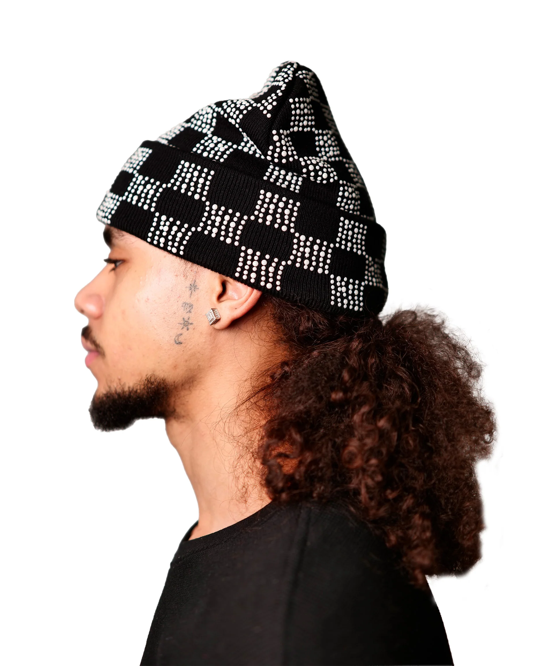 WATSON CHECKERED PEARL BEANIE HAT (BLACK) - Image 5