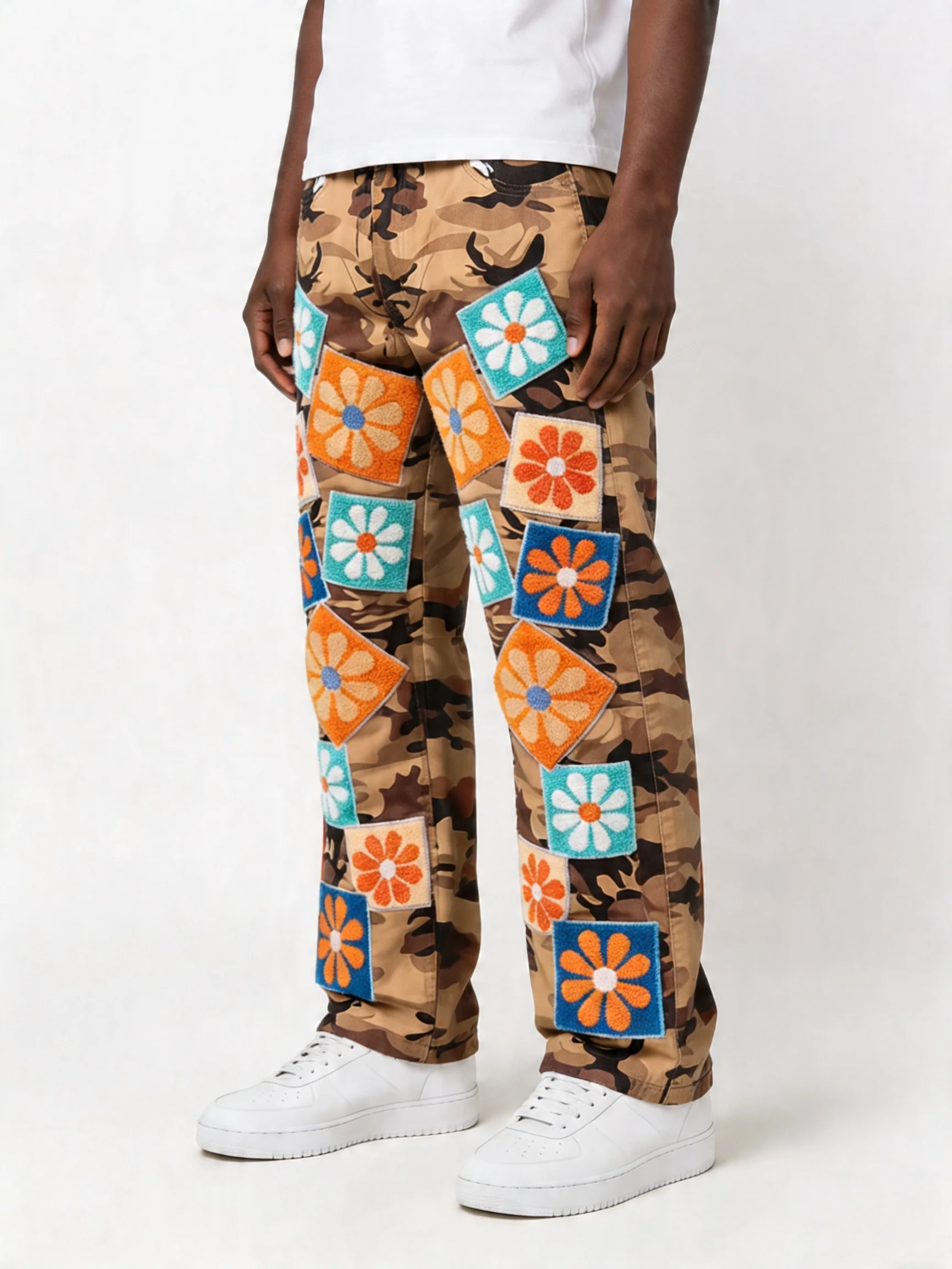 CAMO MULTI CHENILLE FLORAL PATCH DENIM PANTS (TAN) - Image 2