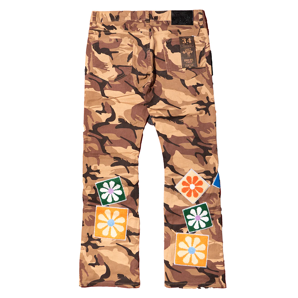 CAMO MULTI CHENILLE FLORAL PATCH DENIM PANTS (TAN) - Image 4