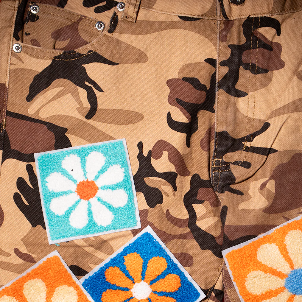 CAMO MULTI CHENILLE FLORAL PATCH DENIM PANTS (TAN) - Image 5