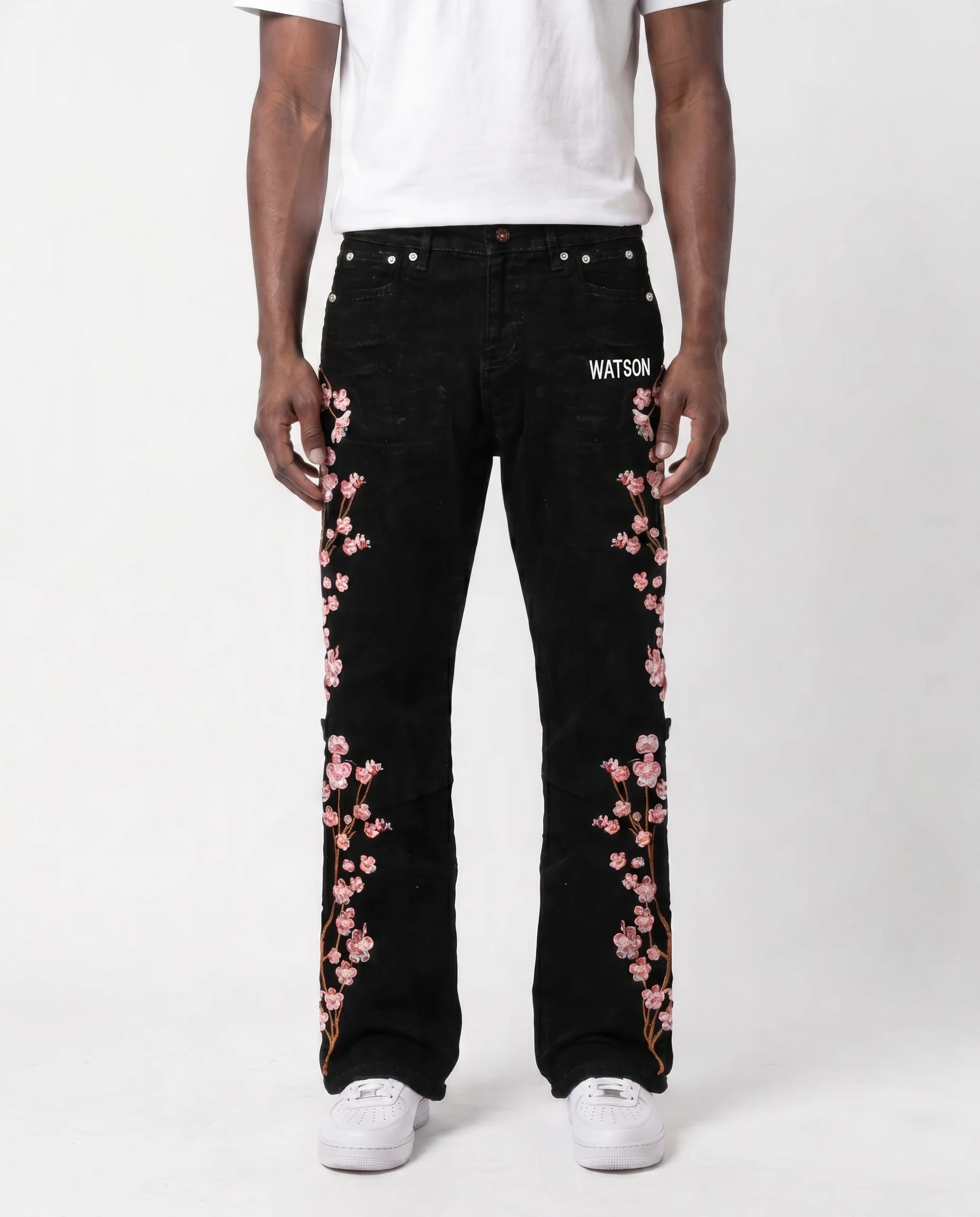 RED CHERRY BLOSSOM DENIM PANTS (BLACK)