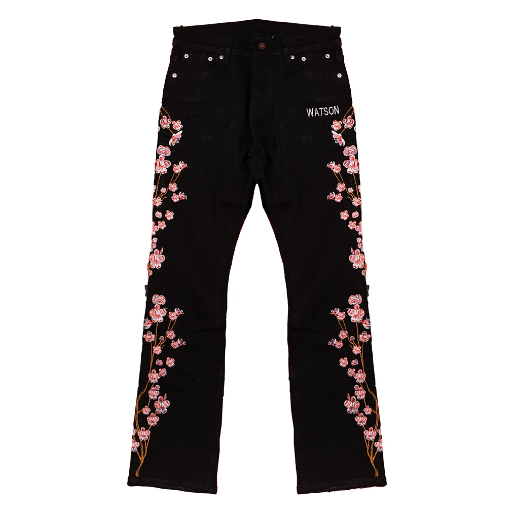 RED CHERRY BLOSSOM DENIM PANTS (BLACK) - Image 2