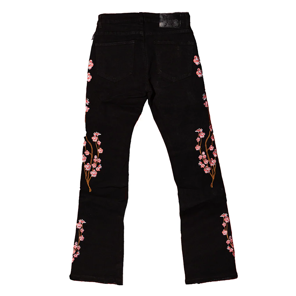 RED CHERRY BLOSSOM DENIM PANTS (BLACK) - Image 3