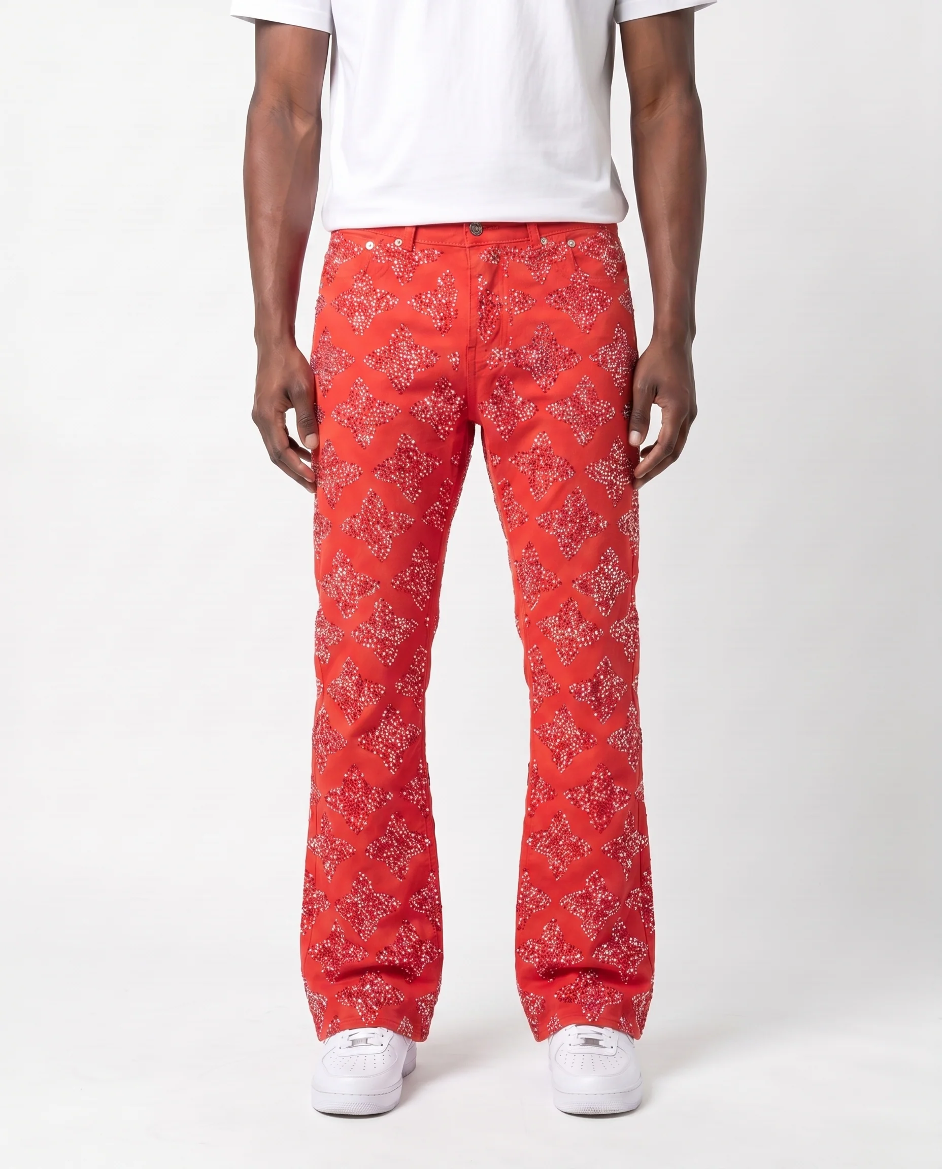 CROSS RHINESTONE DENIM PANTS (RED)
