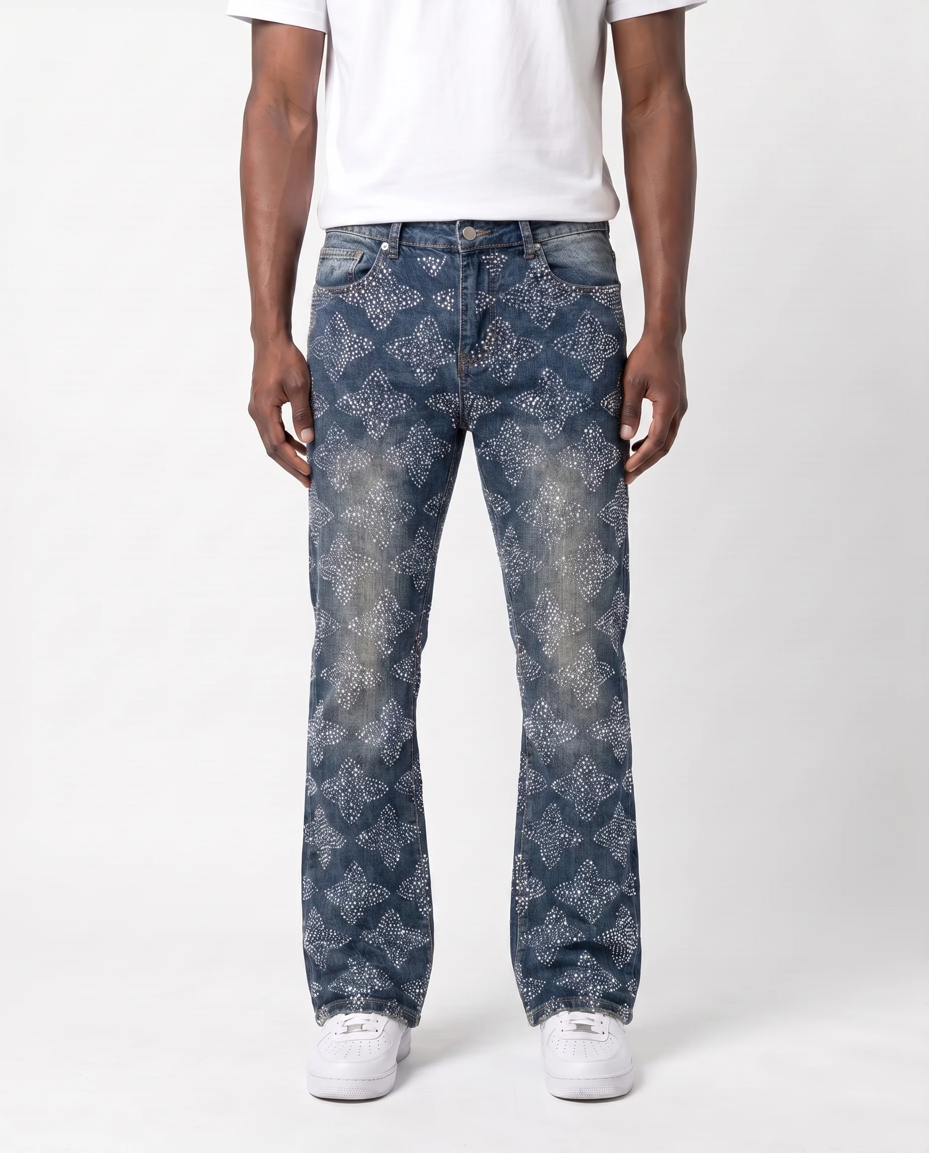 CROSS RHINESTONE DENIM PANTS (BLUE)