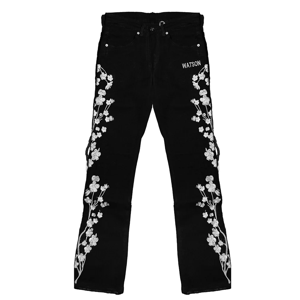 WHITE CHERRY BLOSSOM DENIM PANTS (BLACK) - Image 2