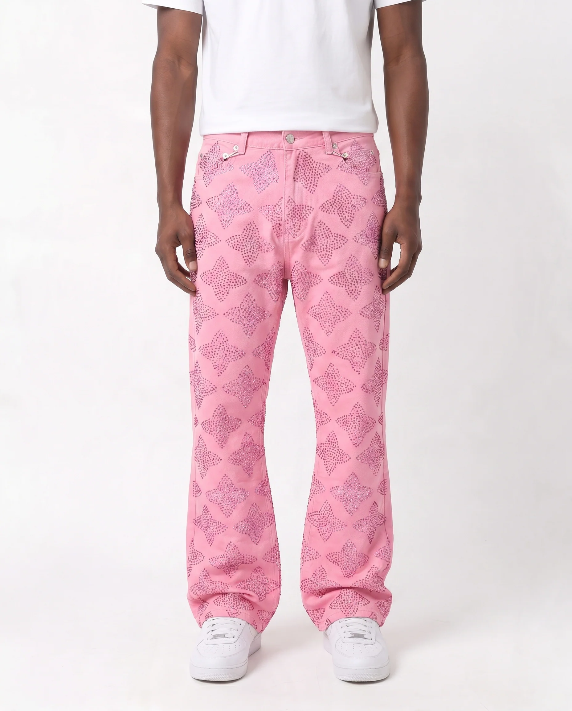 CROSS RHINESTONE STACKED DENIM PANTS (PINK)