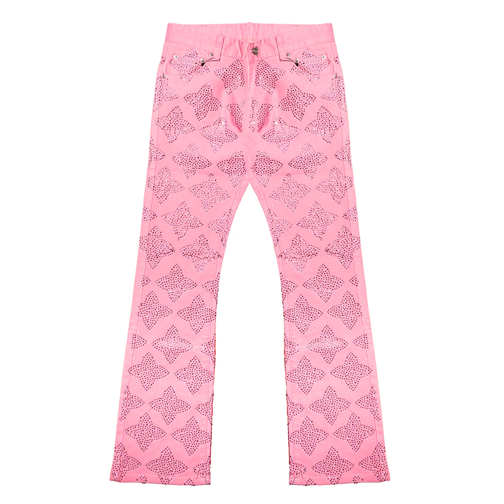 CROSS RHINESTONE STACKED DENIM PANTS (PINK) - Image 2