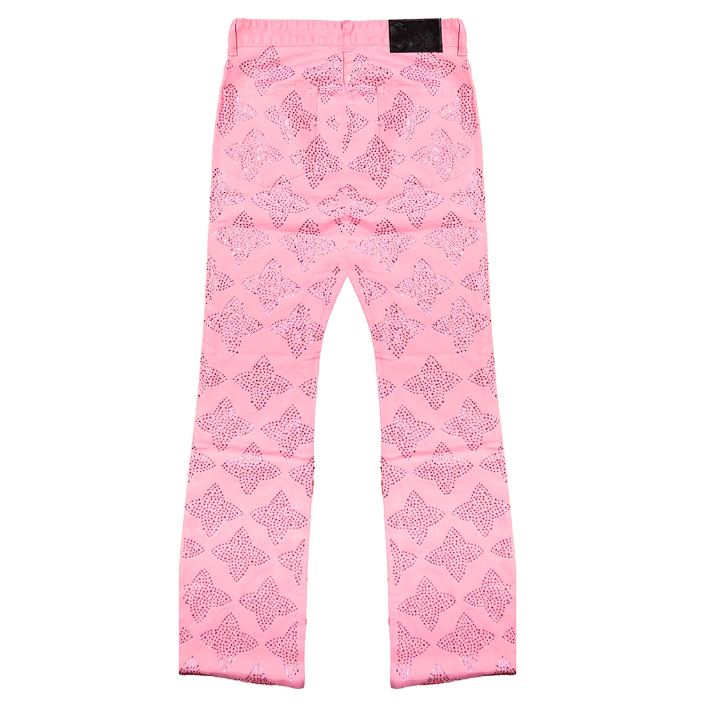 CROSS RHINESTONE STACKED DENIM PANTS (PINK) - Image 3