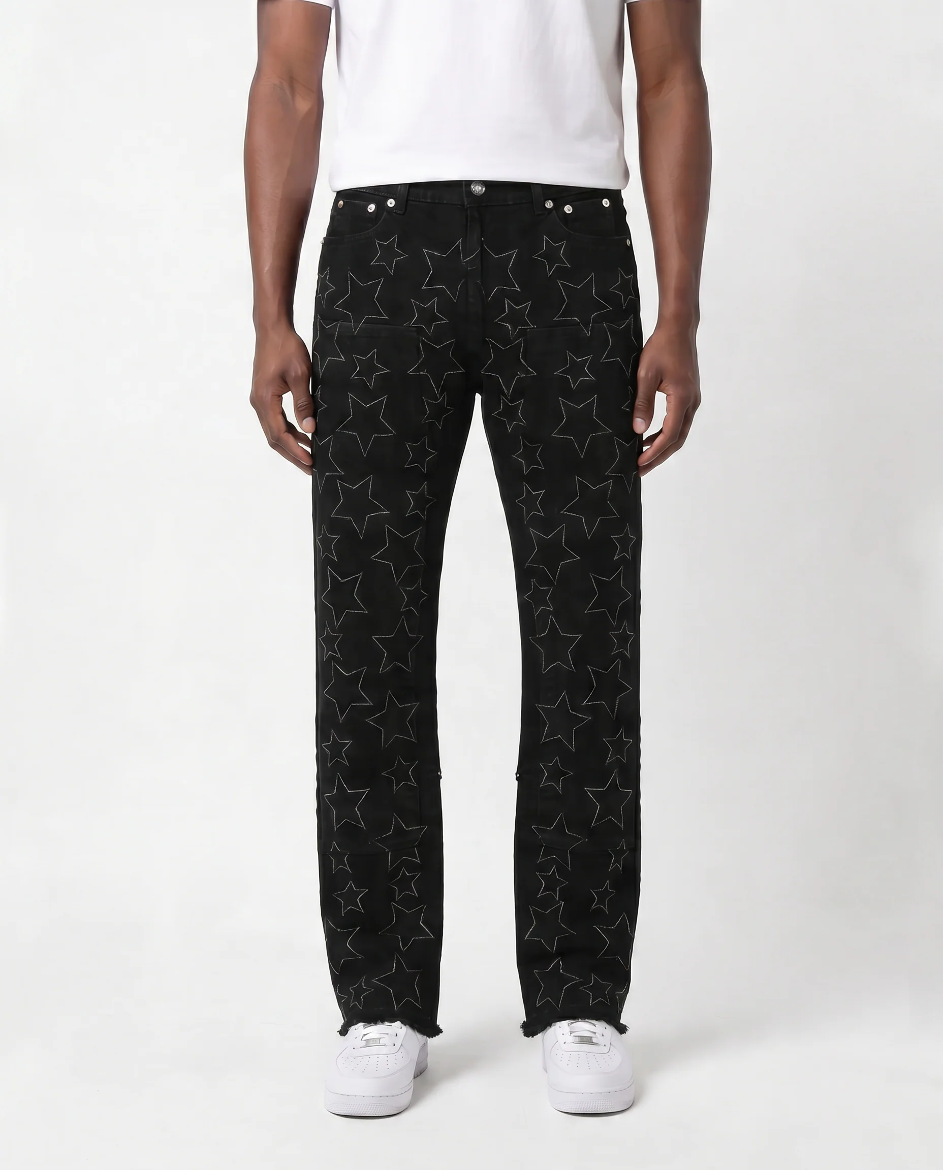 LEATHER STAR APPLIQUE STACKED DENIM PANTS (BLACK)