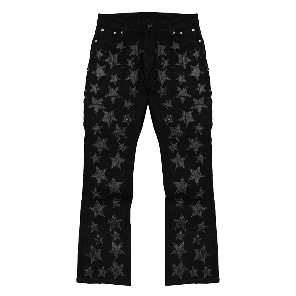 LEATHER STAR APPLIQUE STACKED DENIM PANTS (BLACK) - Image 2
