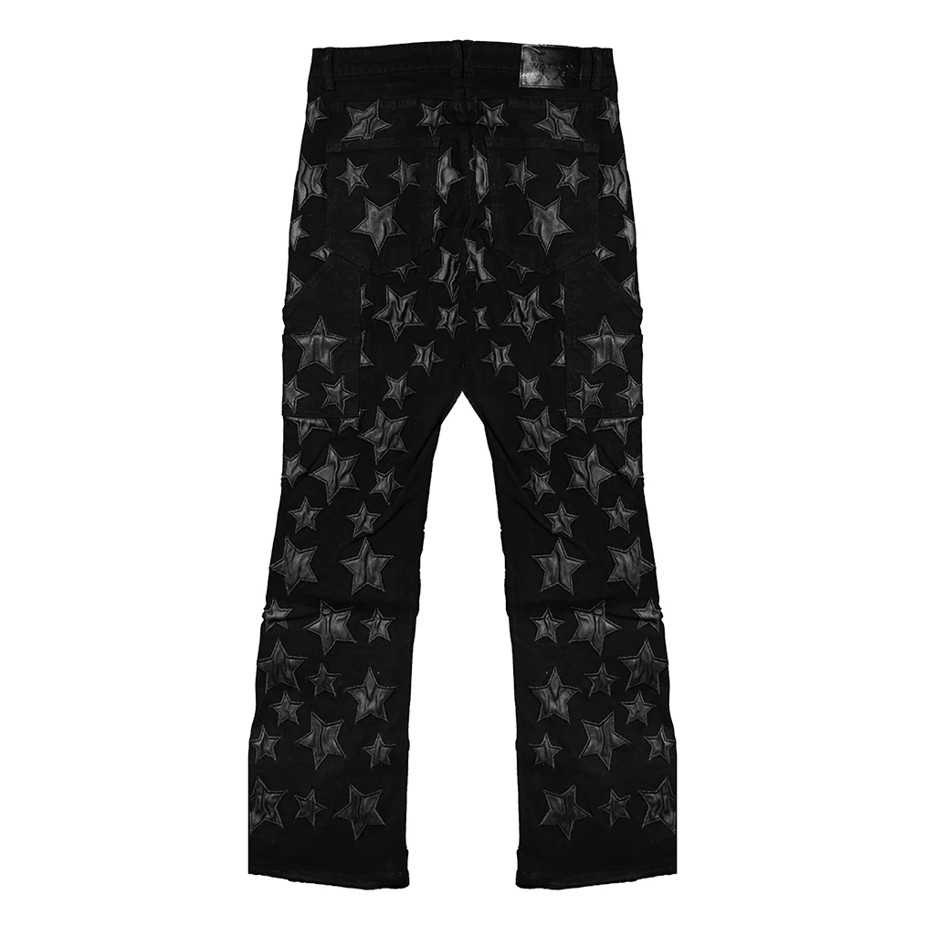 LEATHER STAR APPLIQUE STACKED DENIM PANTS (BLACK) - Image 3