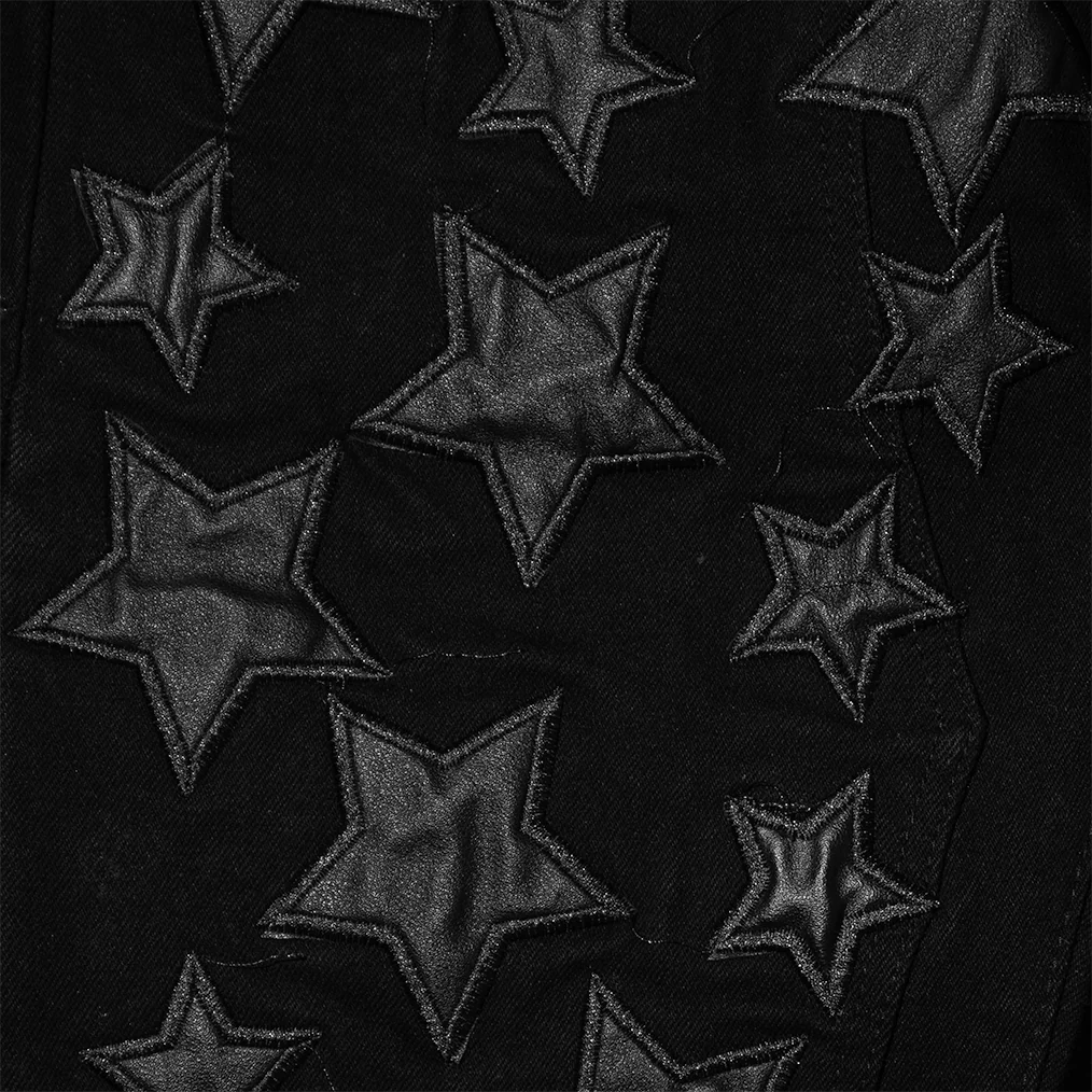 LEATHER STAR APPLIQUE STACKED DENIM PANTS (BLACK) - Image 4
