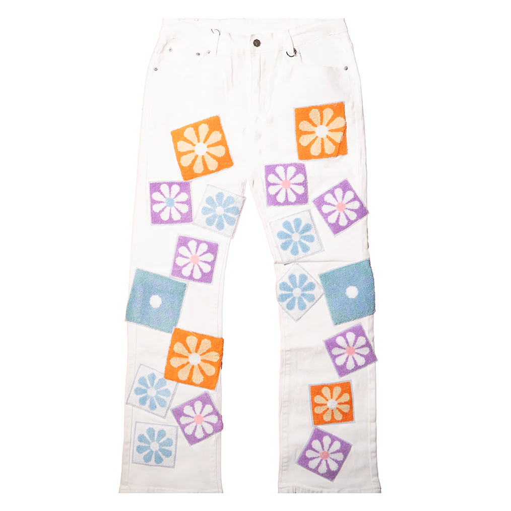 CHENILLE FLOWER STACKED DENIM PANTS (WHITE) - Image 2