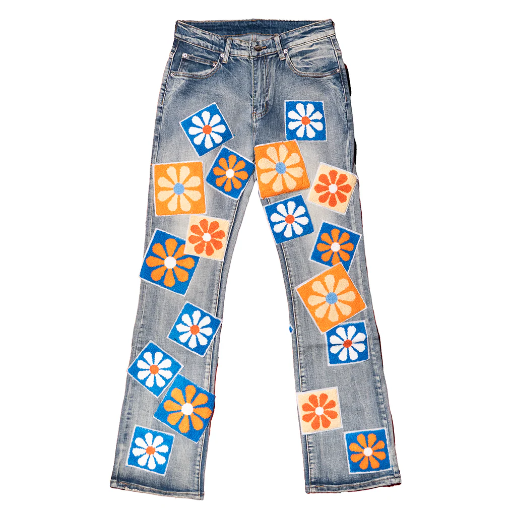 CHENILLE FLOWER STACKED DENIM PANTS (MEDIUM WASH) - Image 2