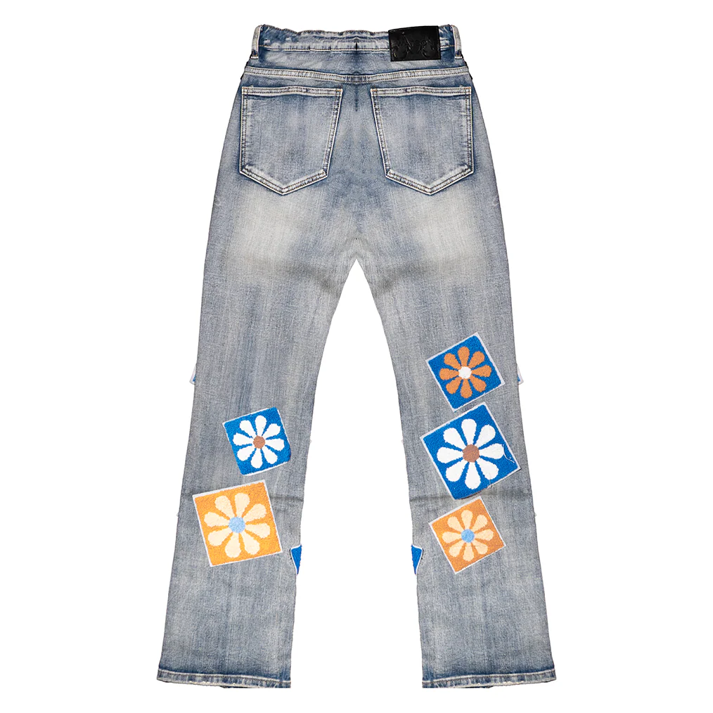CHENILLE FLOWER STACKED DENIM PANTS (MEDIUM WASH) - Image 3