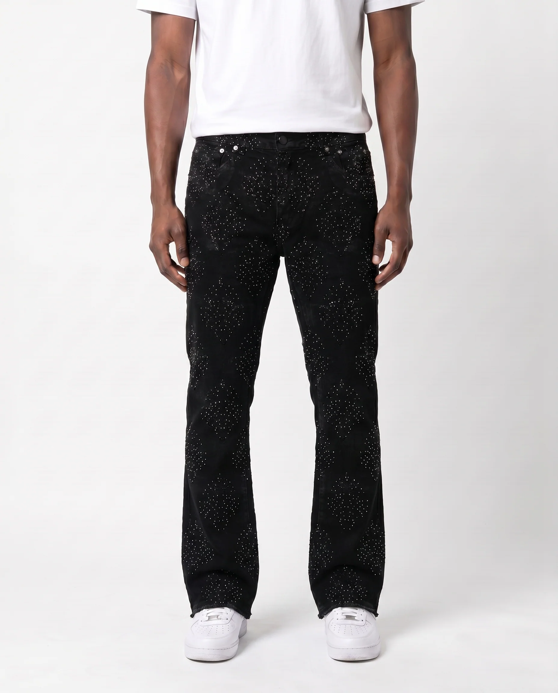 EMBROIDERED STARS STCKED DENIM PANTS (BLACK)