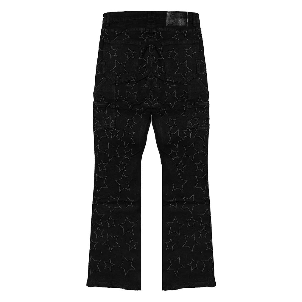 EMBROIDERED STARS STCKED DENIM PANTS (BLACK) - Image 3