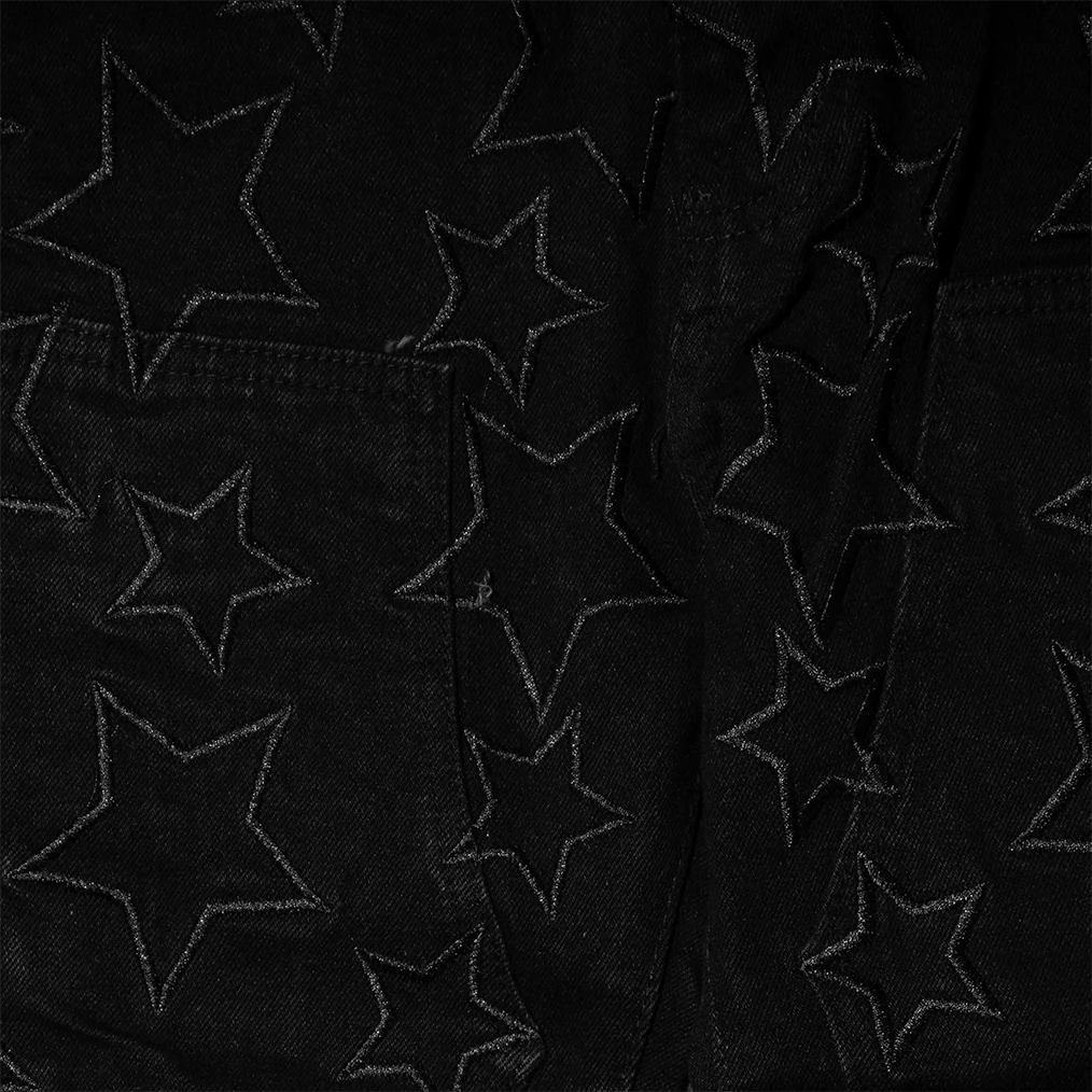 EMBROIDERED STARS STCKED DENIM PANTS (BLACK) - Image 4