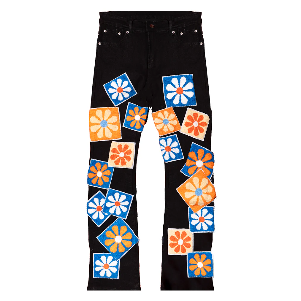 CHENILLE FLOWER STACKED DENIM PANTS (BLACK WASH) - Image 2