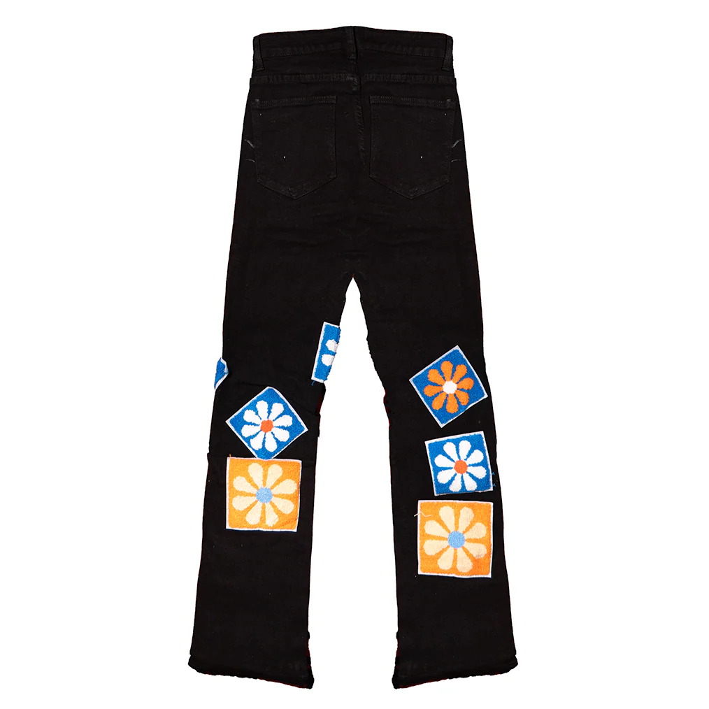 CHENILLE FLOWER STACKED DENIM PANTS (BLACK WASH) - Image 3