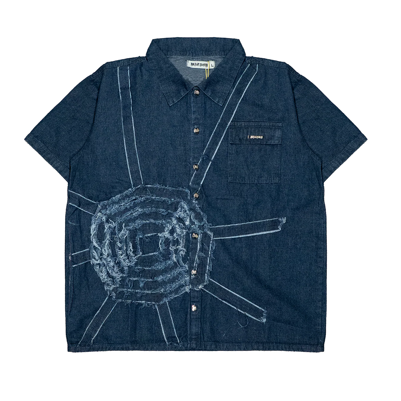 DENIM SPIDERWEB S/S BUTTON UP SHIRT (BLUE)