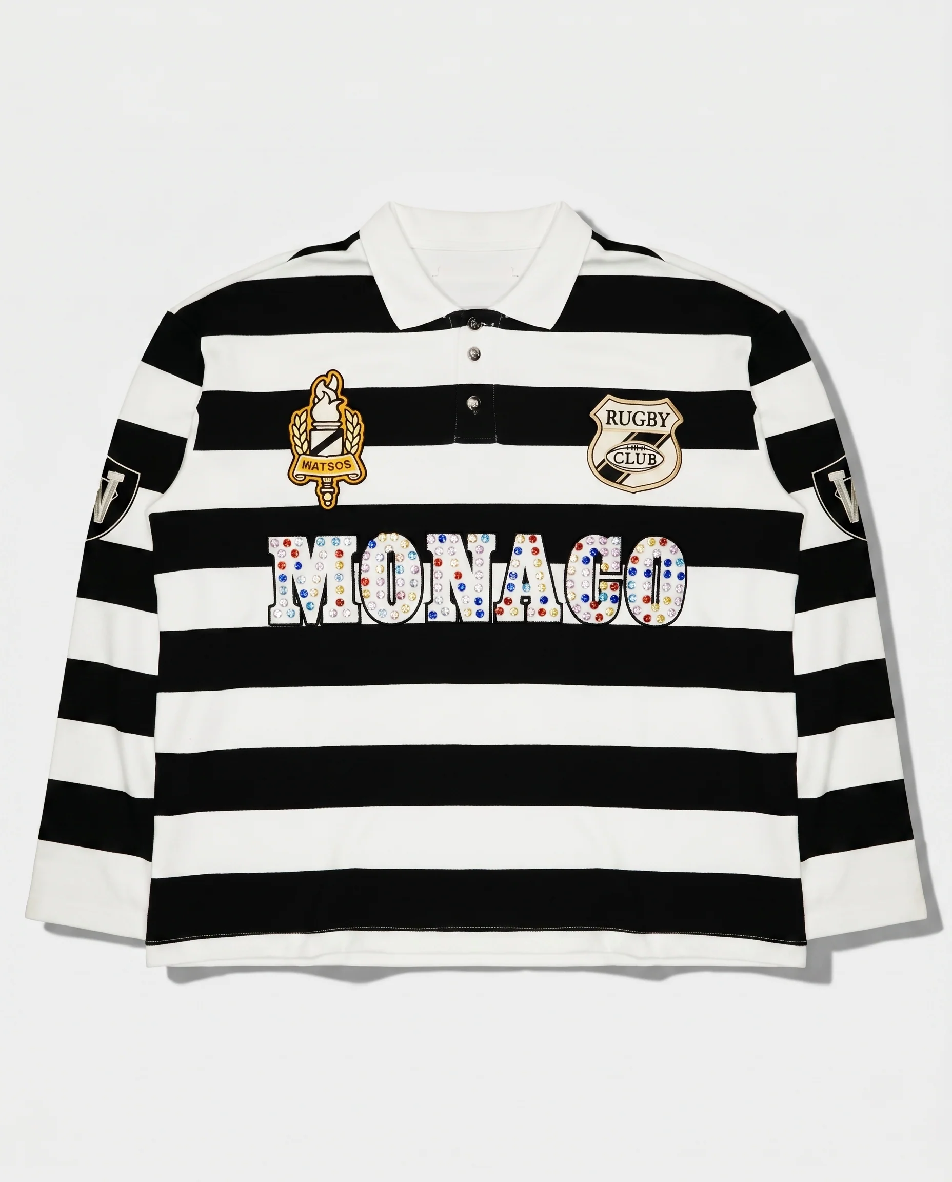 MONACO RHINESTONE STRIPED LONG SLEEVE RUGBY POLO (BLACK/WHITE)