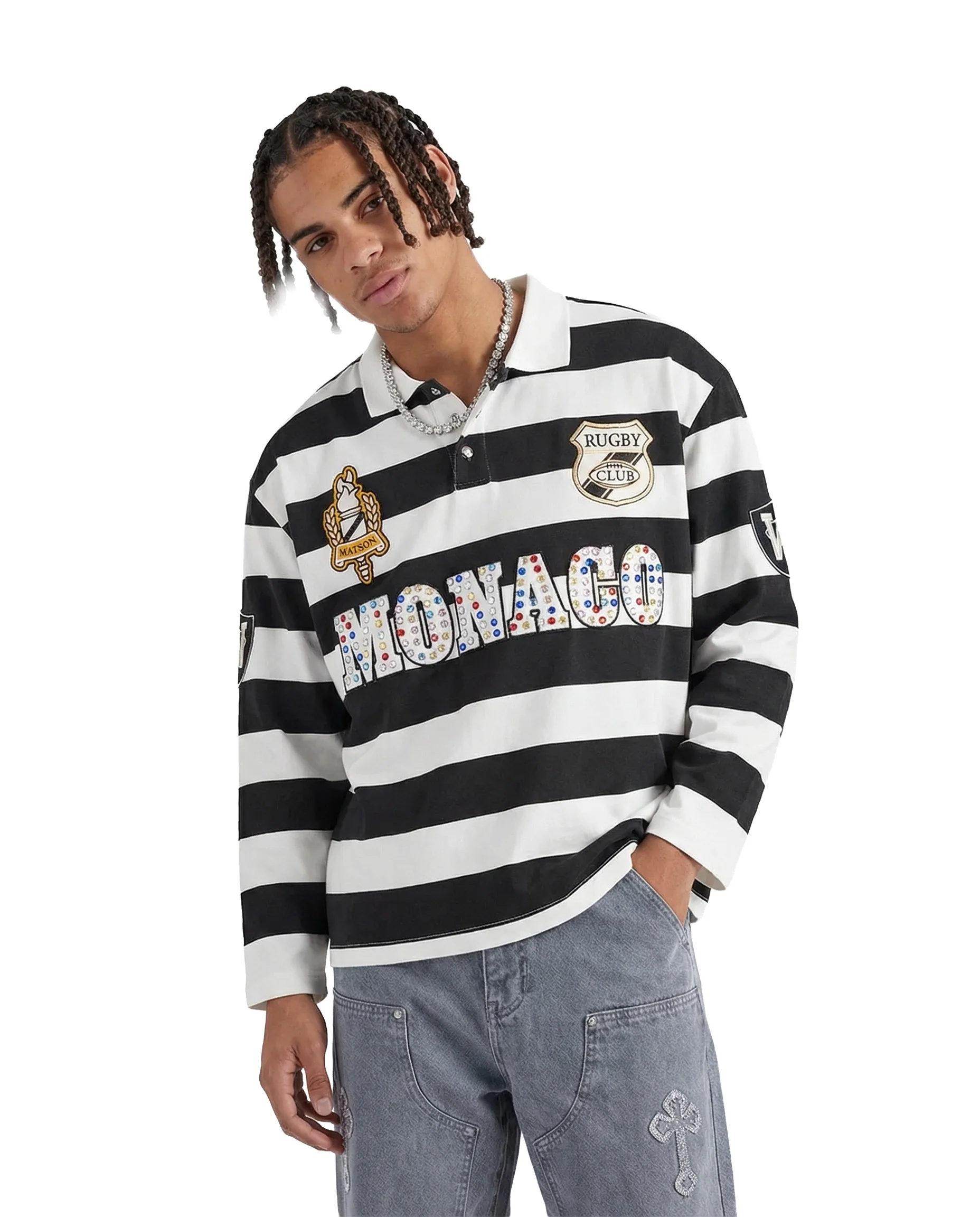 MONACO RHINESTONE STRIPED LONG SLEEVE RUGBY POLO (BLACK/WHITE) - Image 2