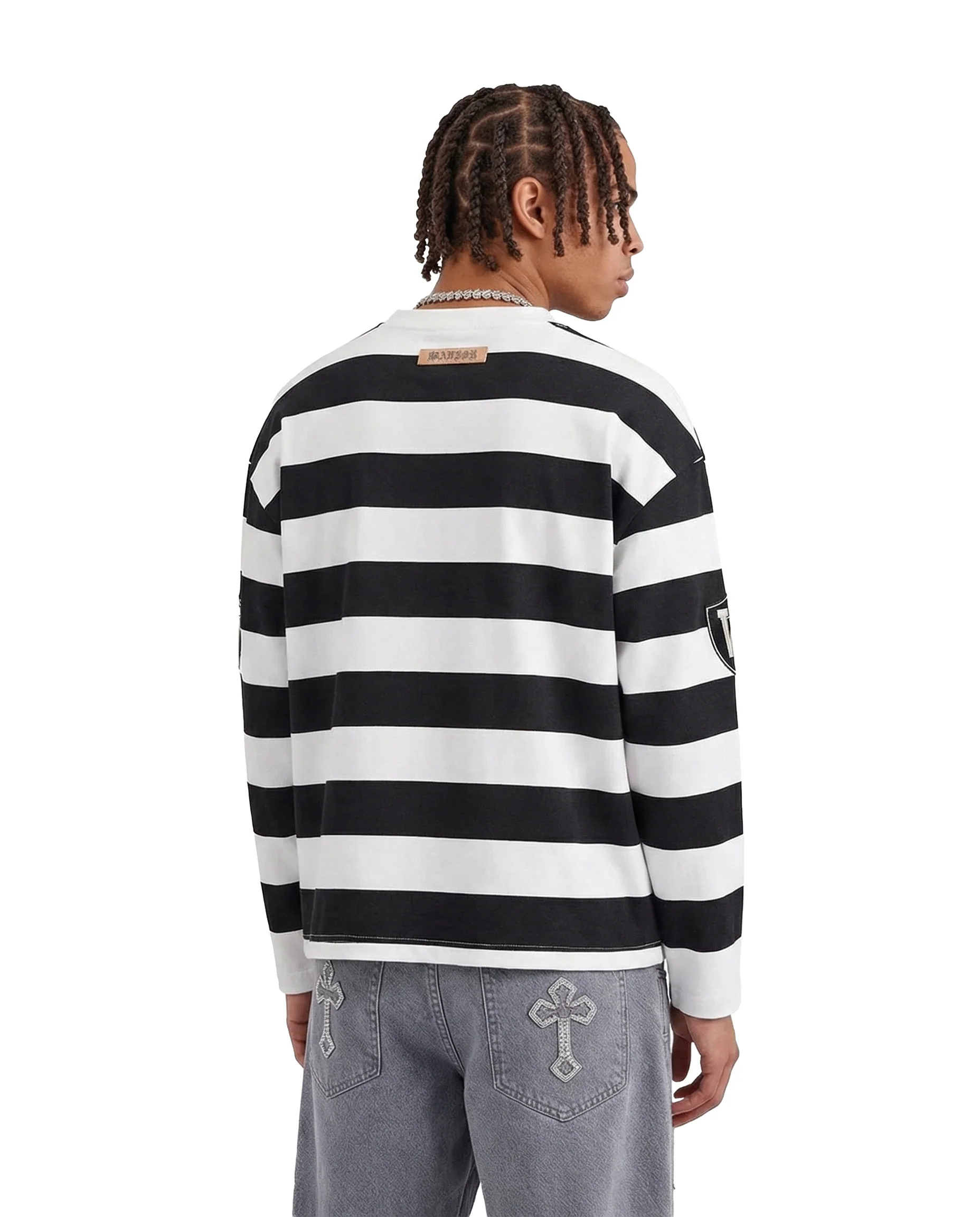 MONACO RHINESTONE STRIPED LONG SLEEVE RUGBY POLO (BLACK/WHITE) - Image 3