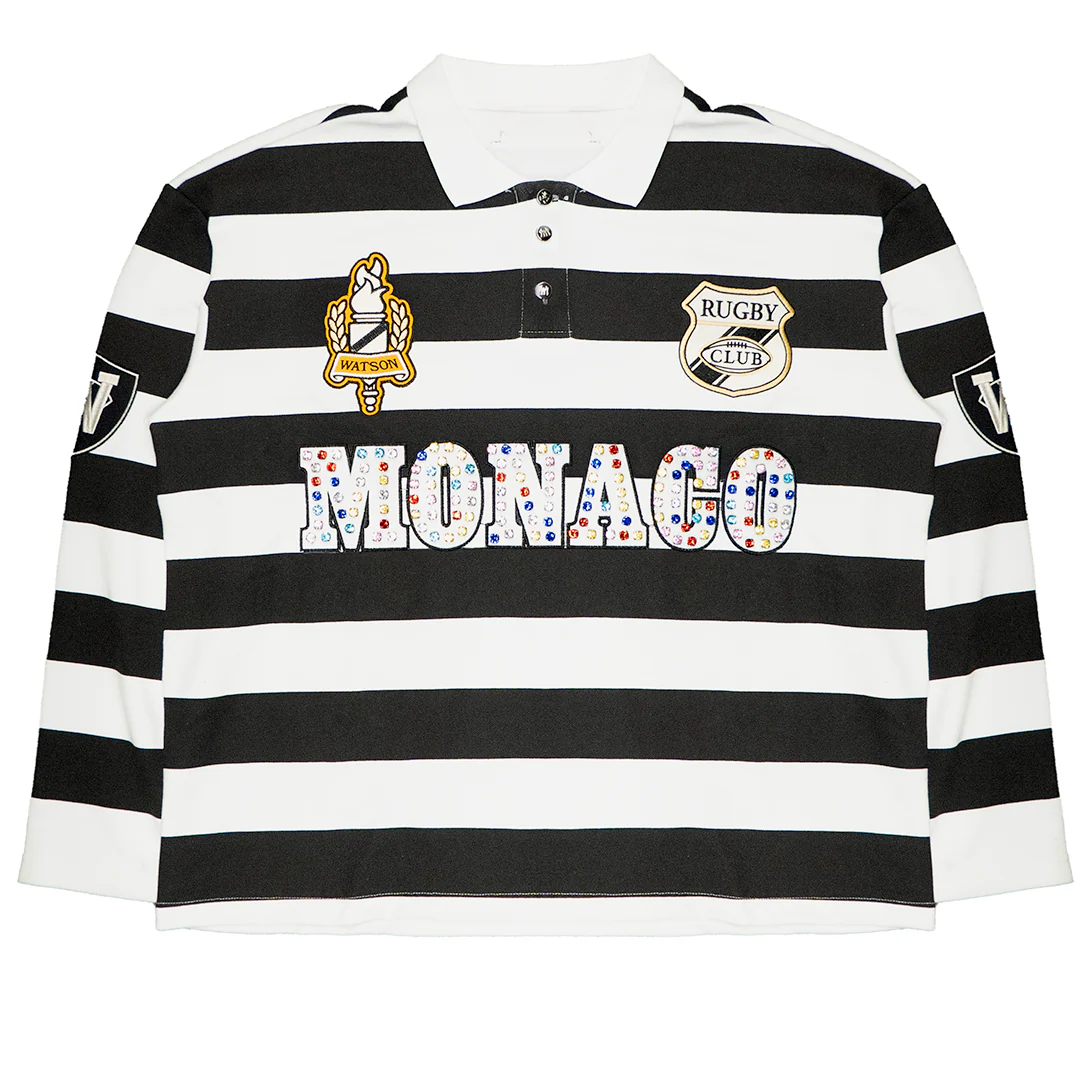 MONACO RHINESTONE STRIPED LONG SLEEVE RUGBY POLO (BLACK/WHITE) - Image 4