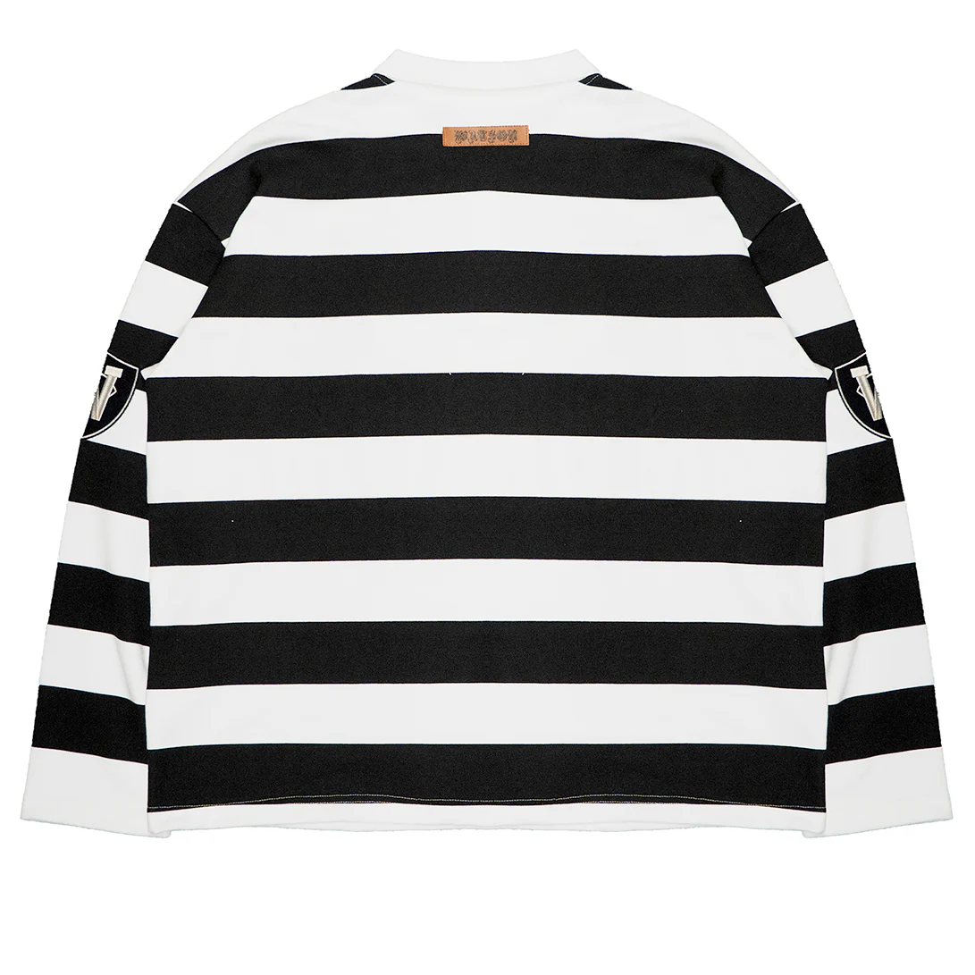 MONACO RHINESTONE STRIPED LONG SLEEVE RUGBY POLO (BLACK/WHITE) - Image 5
