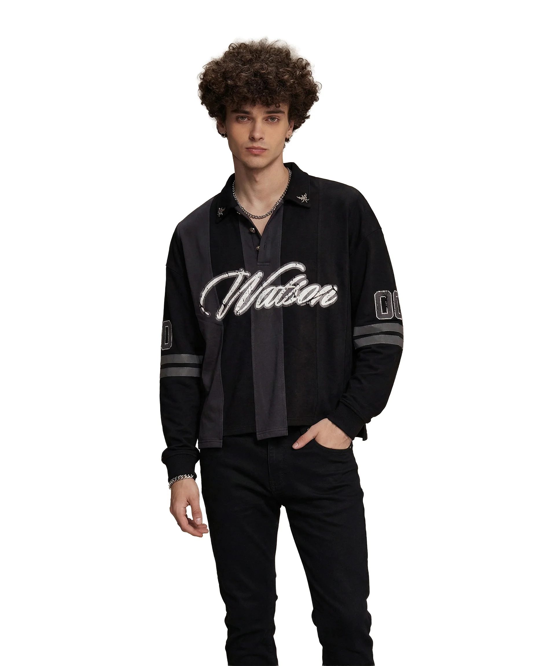 WATSON MULTI SPLIT LONG SLEEVE POLO (BLACK) - Image 2