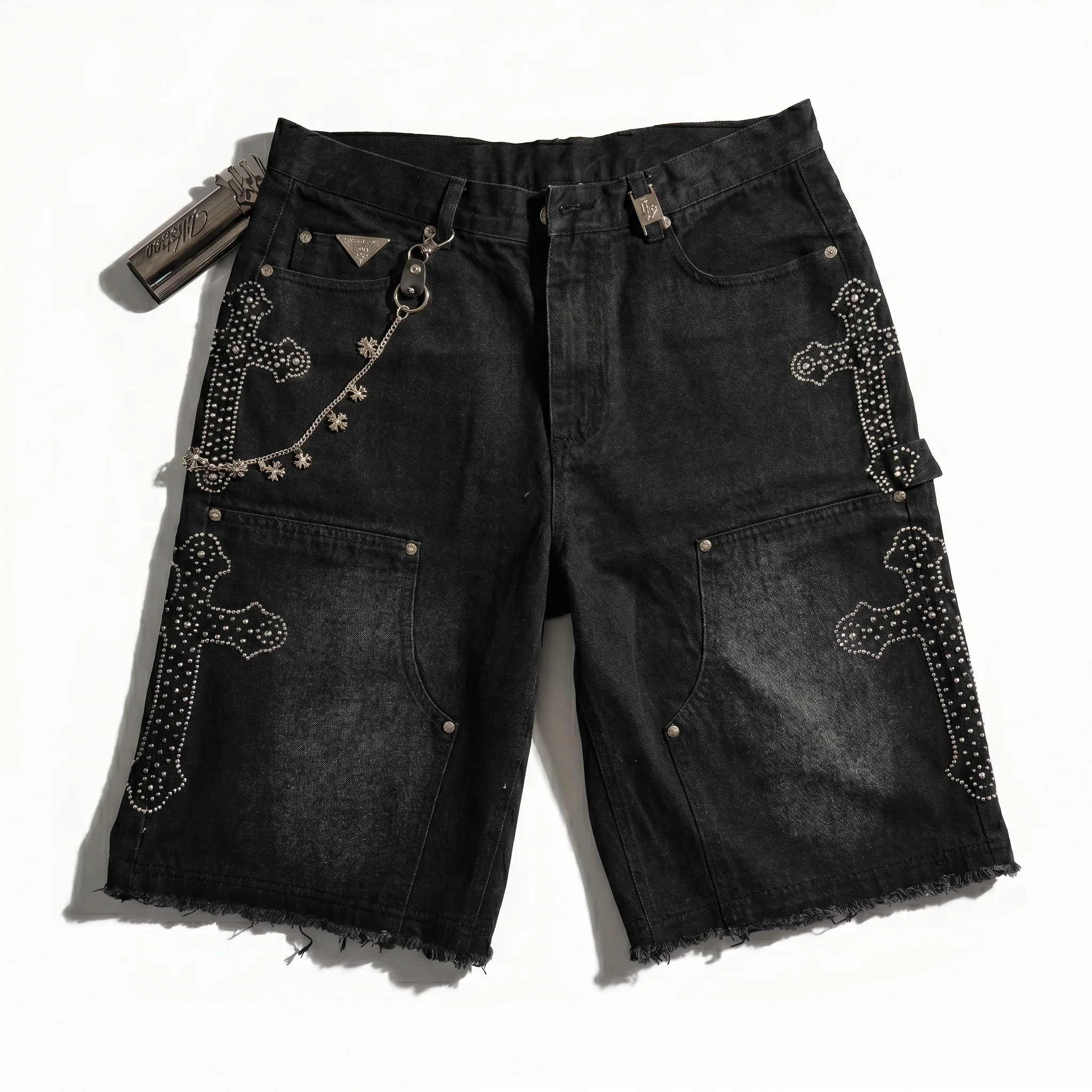 WATSON CROSS EMBELLISHED BLACK DENIM SHORTS - Image 3